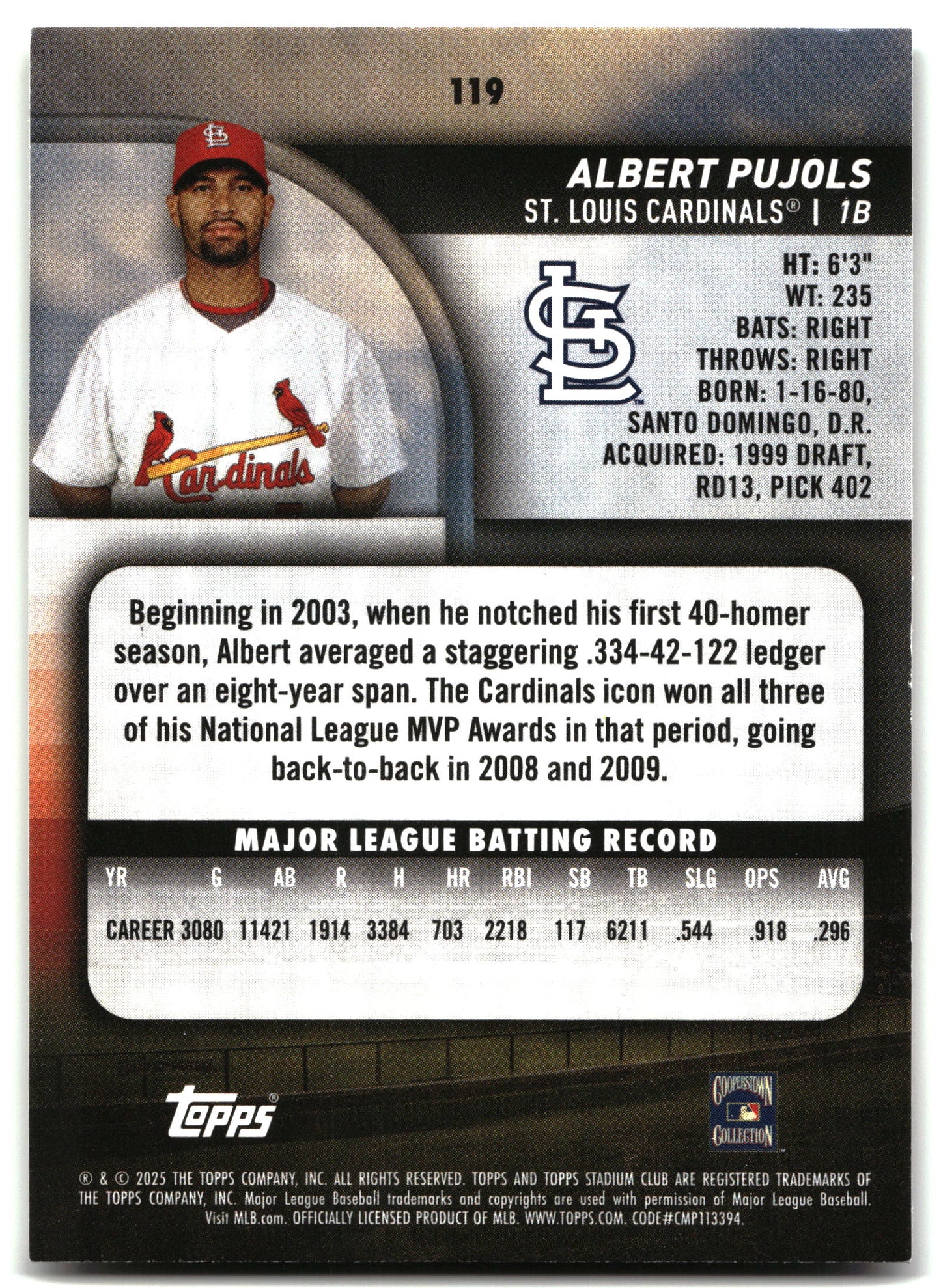 Albert Pujols - 2025 Stadium Club - #119 back
