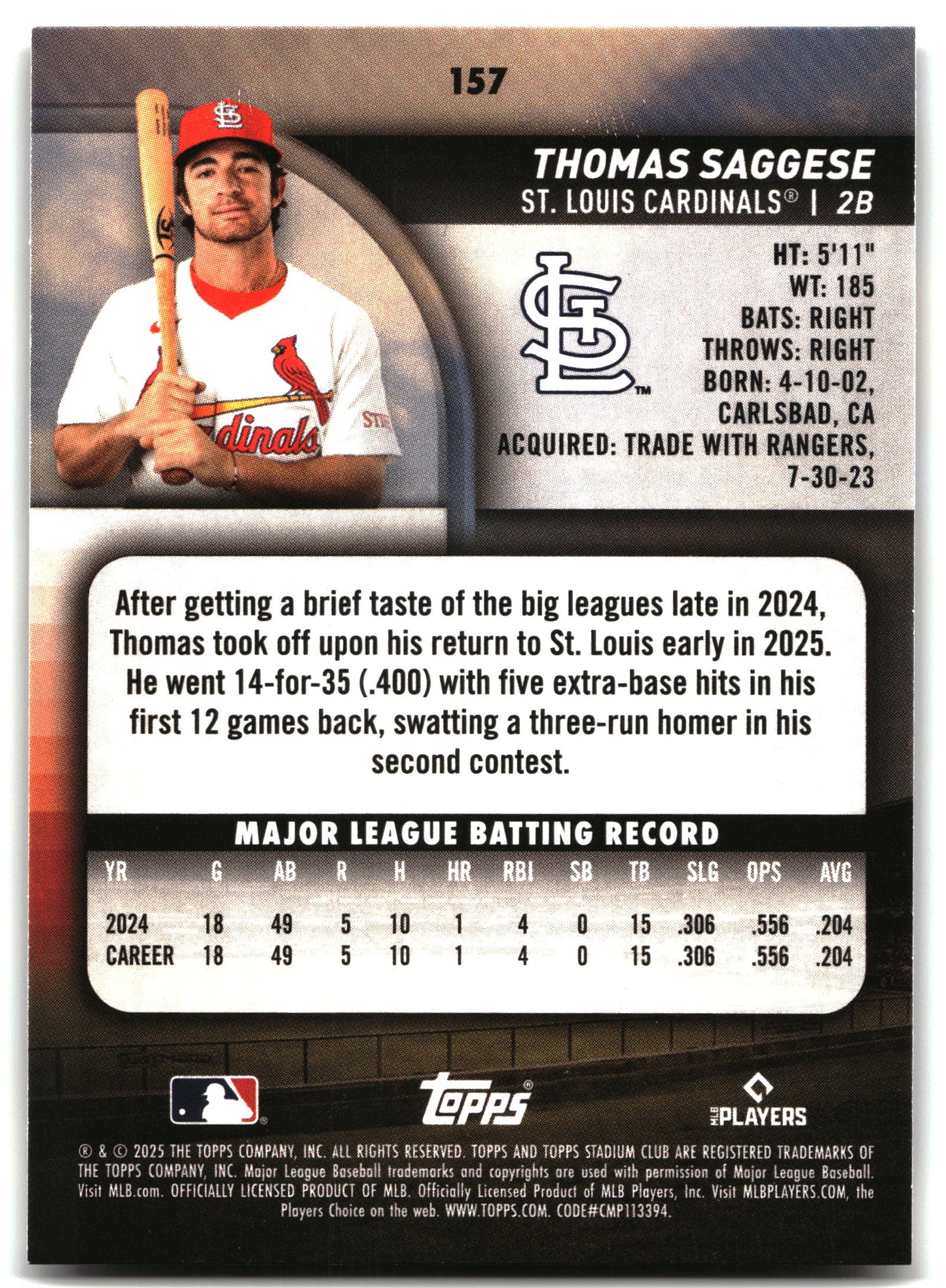 Thomas Saggese - 2025 Stadium Club - #157 back