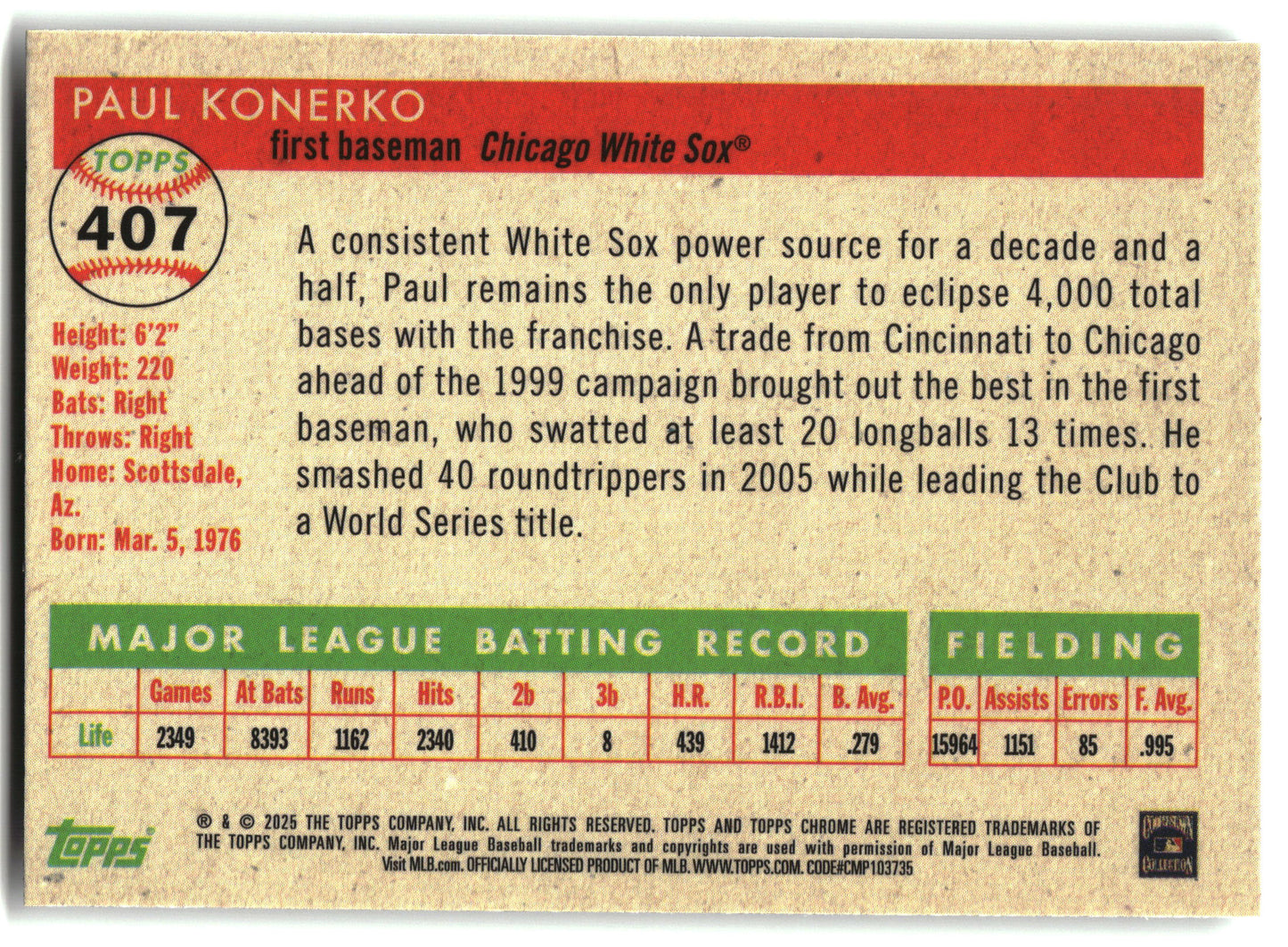 2025 Topps Chrome Platinum #407 Paul Konerko back