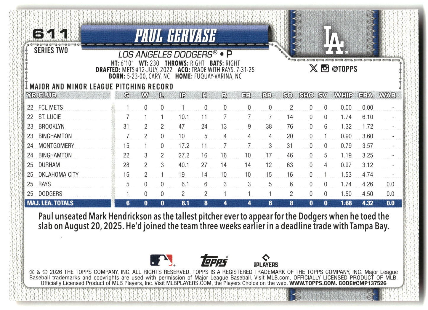 2026 Topps #611 Paul Gervase Holiday back