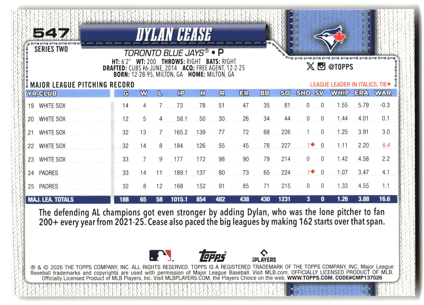 2026 Topps #547 Dylan Cease Holiday back