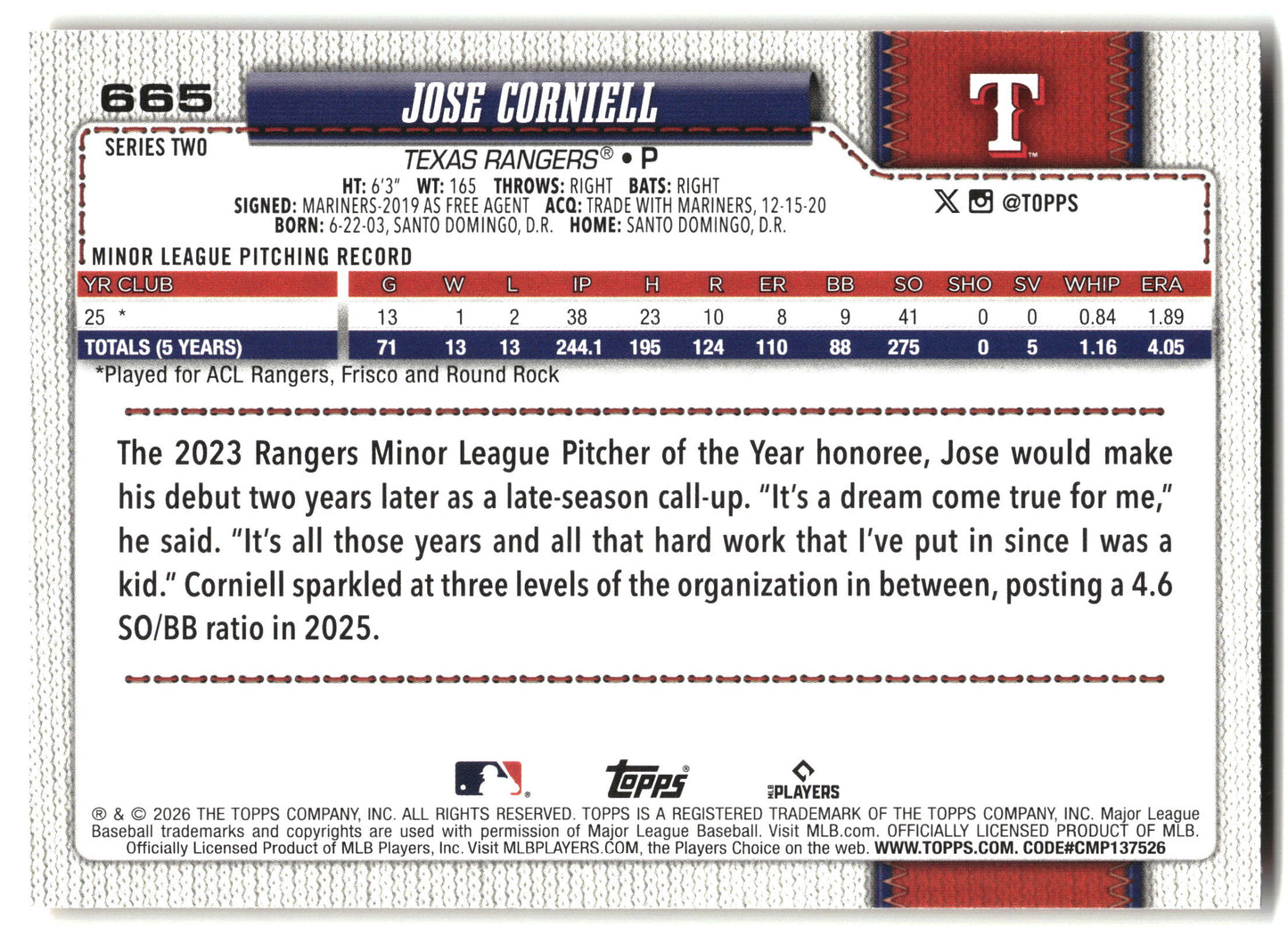 2026 Topps #665 Jose Corniell Holiday back