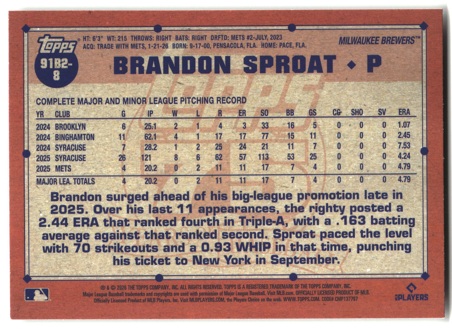 2026 Topps Brandon Sproat 1991 Topps Baseball 35th (Series Two) baseball back