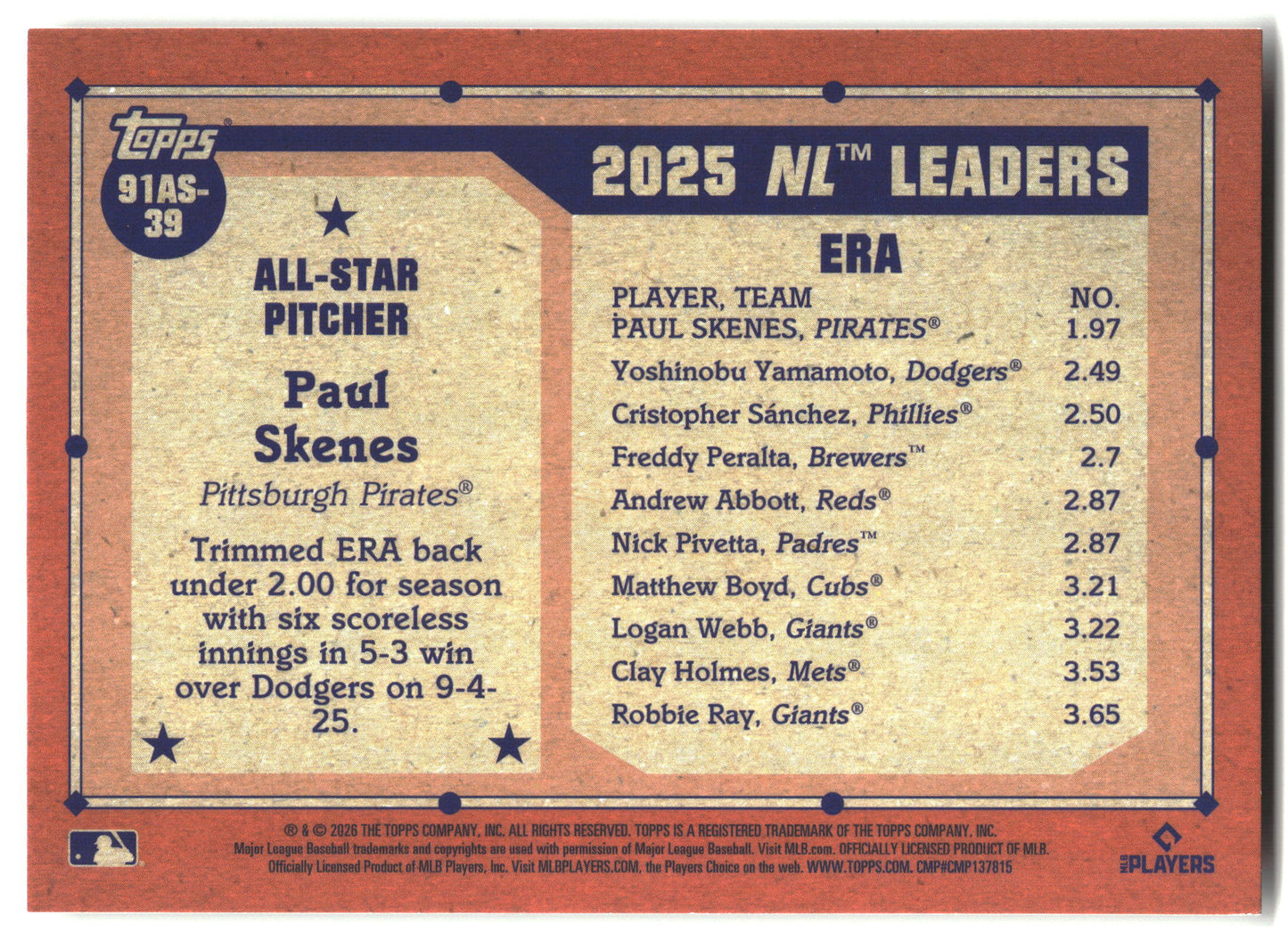 2026 Topps #91AS-39 Paul Skenes 1991 Topps Baseball 35th All-Stars back