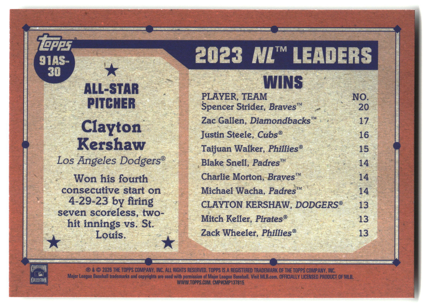 2026 Topps #91AS-30 Clayton Kershaw 1991 Topps Baseball 35th All-Stars back