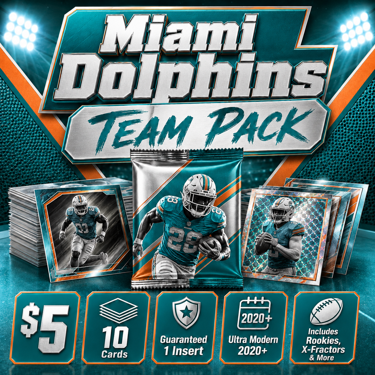 Miami Dolphins Ultra Modern Football Team Pack - 10 Cards + Guaranteed Insert
