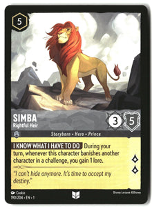 Simba - Rightful Heir 190/204 Uncommon The First Chapter Lorcana Lightly Played