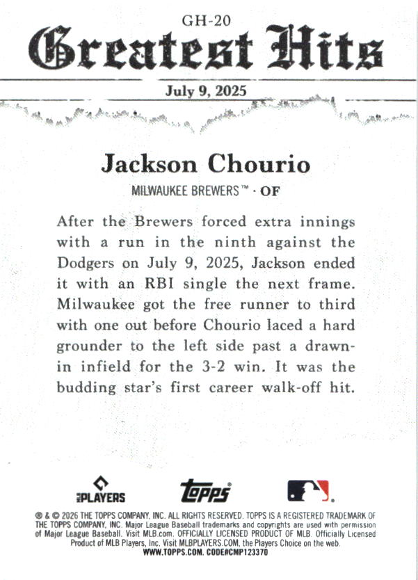 2026 Topps Jackson Chourio 2025 Greatest Hits Pink Foil baseball