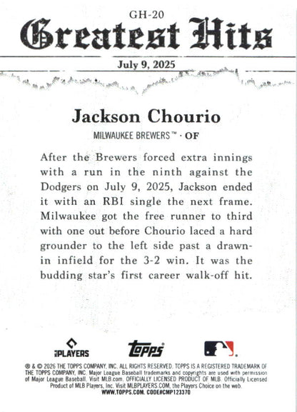 2026 Topps Jackson Chourio 2025 Greatest Hits Pink Foil baseball