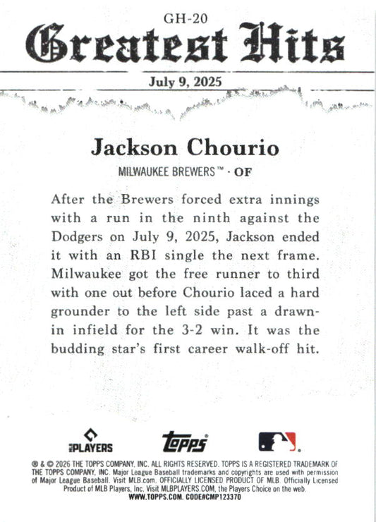 2026 Topps Jackson Chourio 2025 Greatest Hits Pink Foil baseball