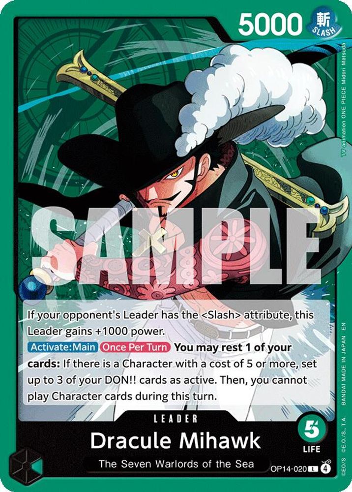 Dracule Mihawk OP14-020 Leader The Azure Sea's Seven One Piece Near Mint