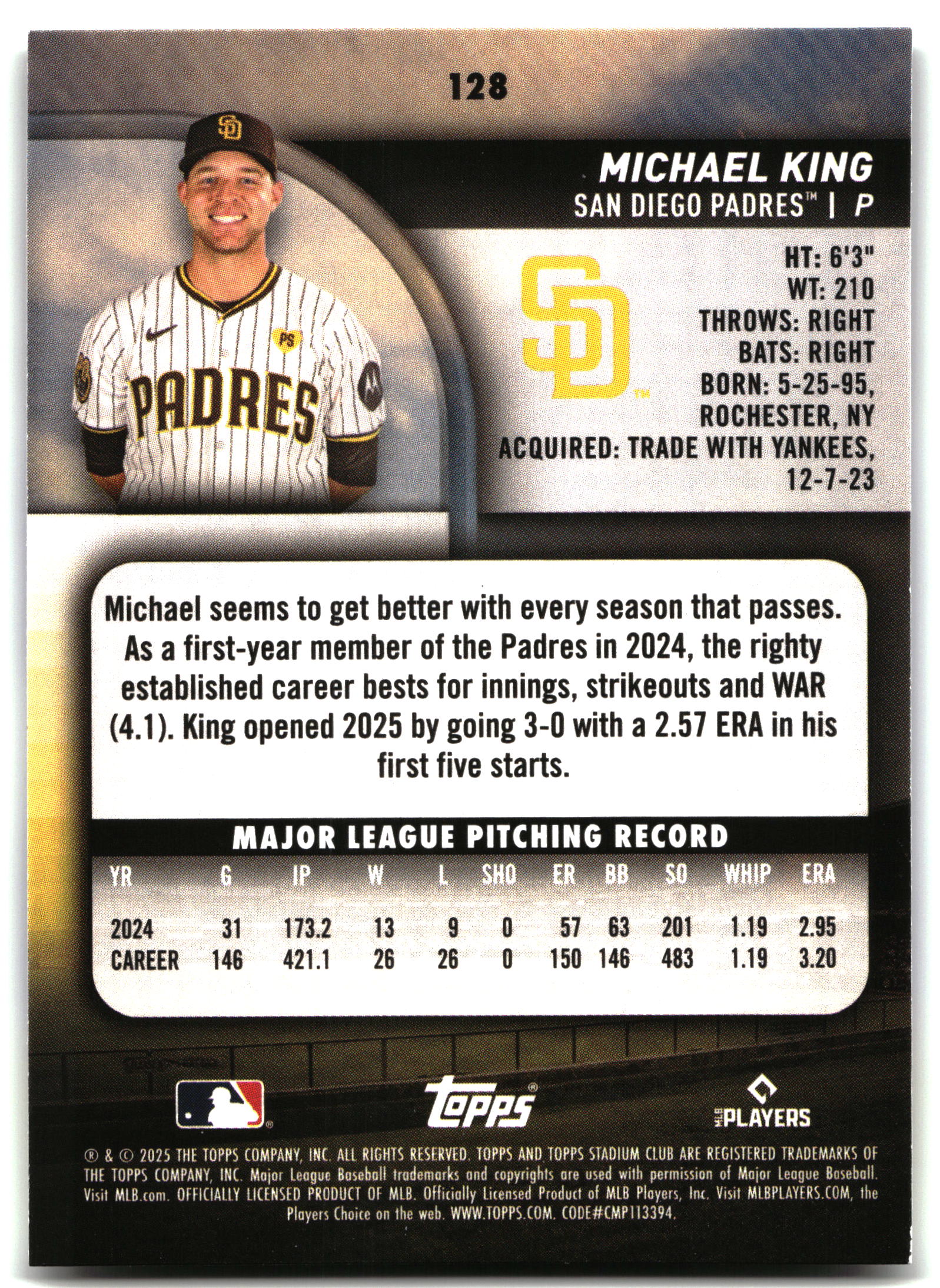 Michael King - 2025 Stadium Club - #128 back