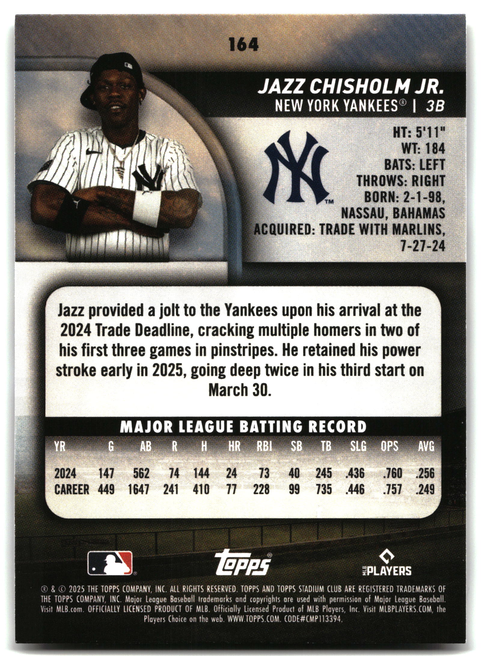 Jazz Chisholm Jr. - 2025 Stadium Club - #164 back