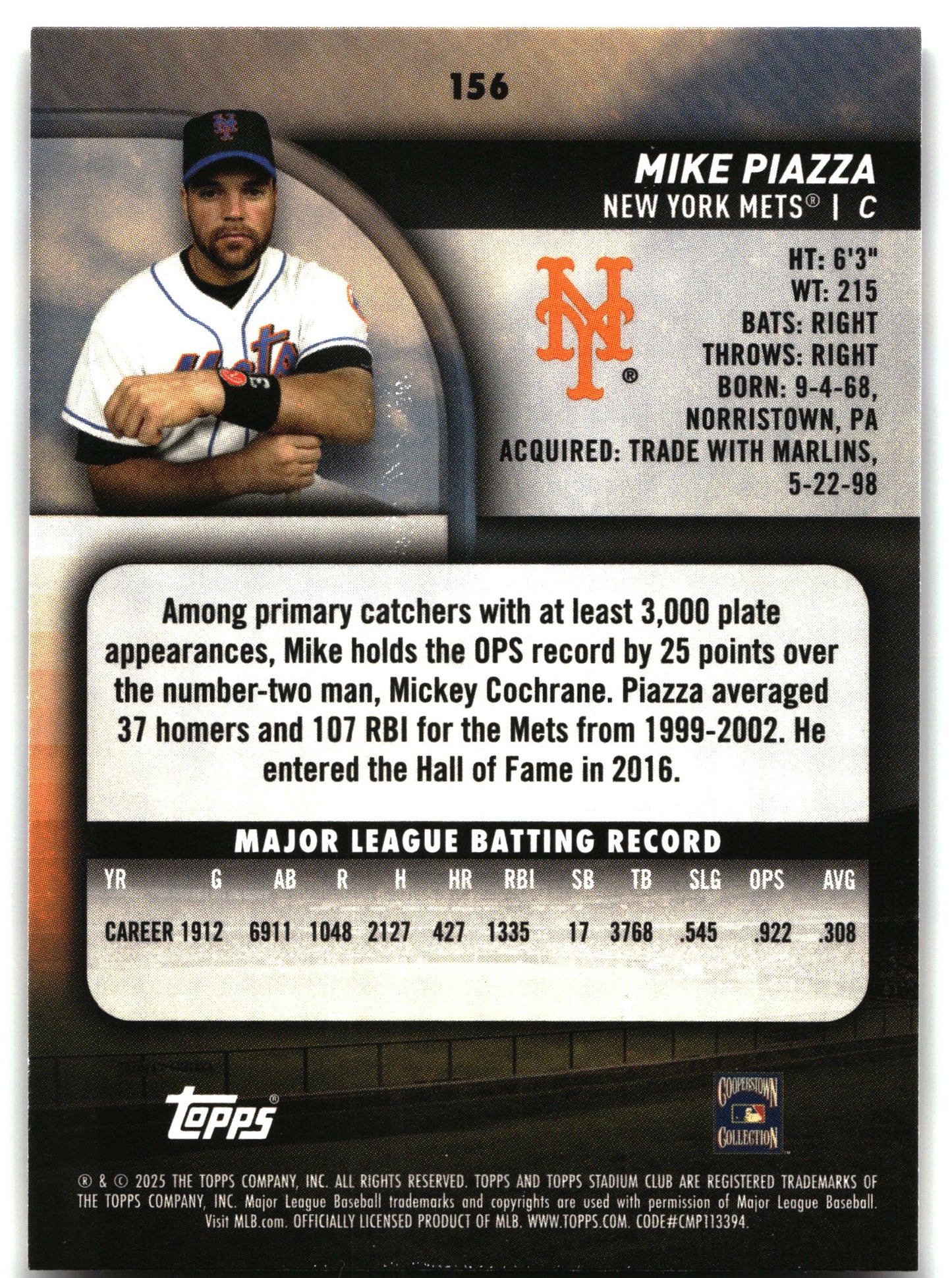 Mike Piazza - 2025 Stadium Club - #156 back