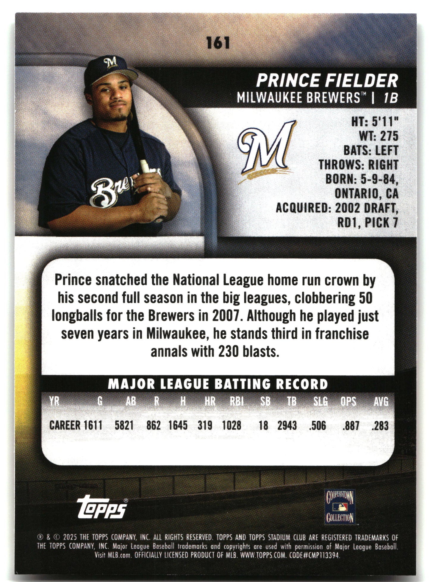 Prince Fielder - 2025 Stadium Club - #161 back
