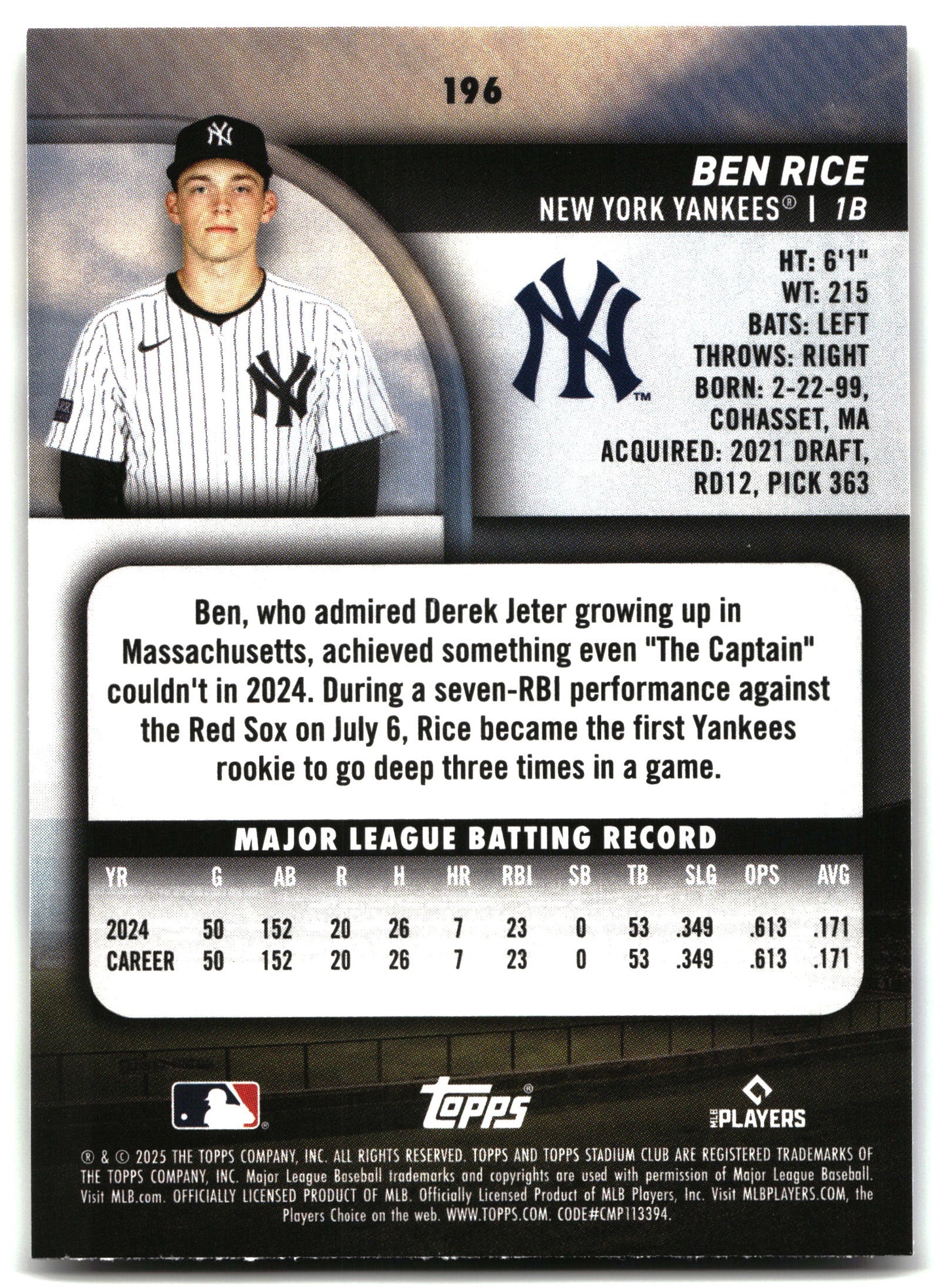 Ben Rice - 2025 Stadium Club - #196 back