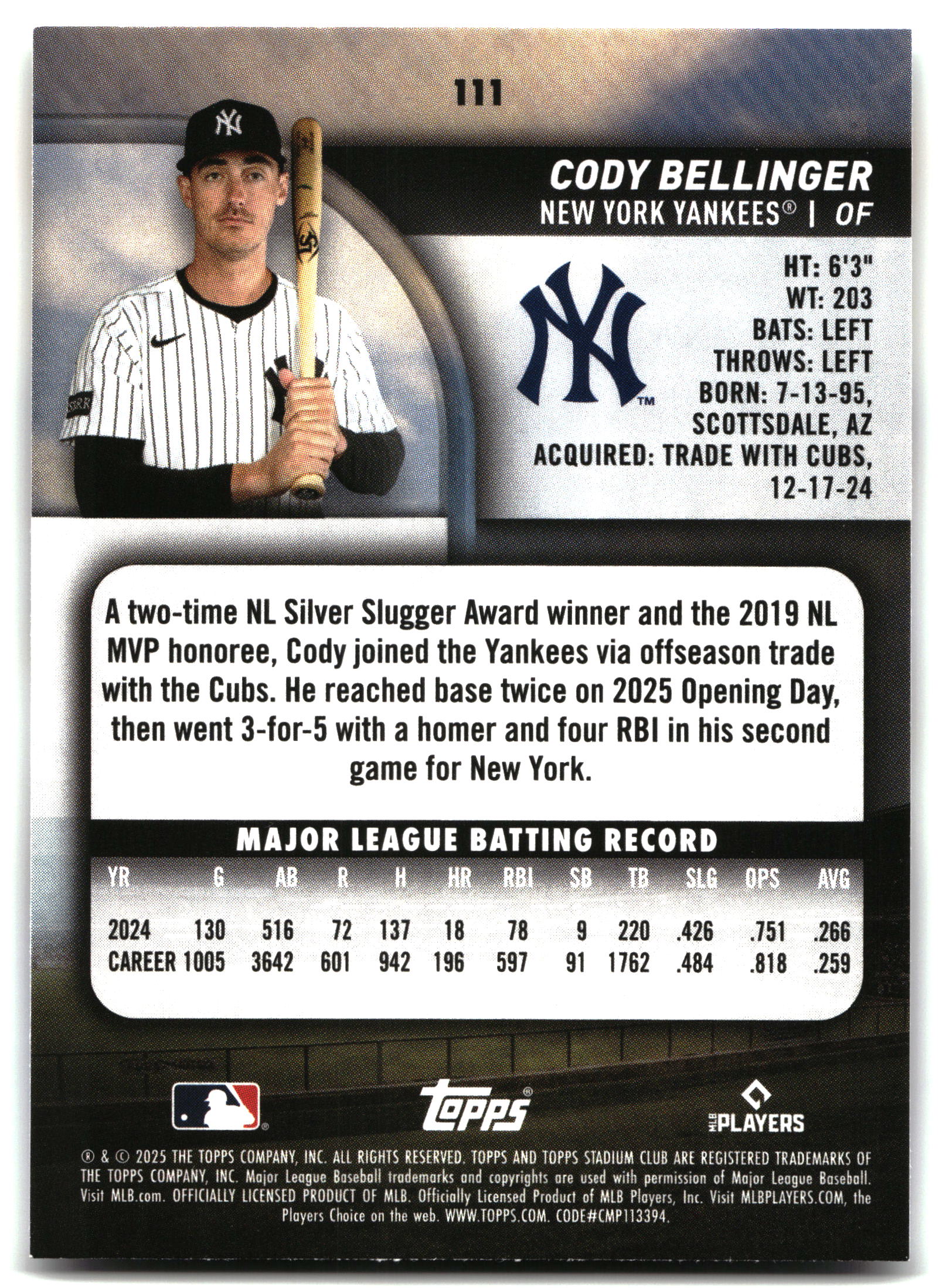 Cody Bellinger - 2025 Stadium Club - #111 back