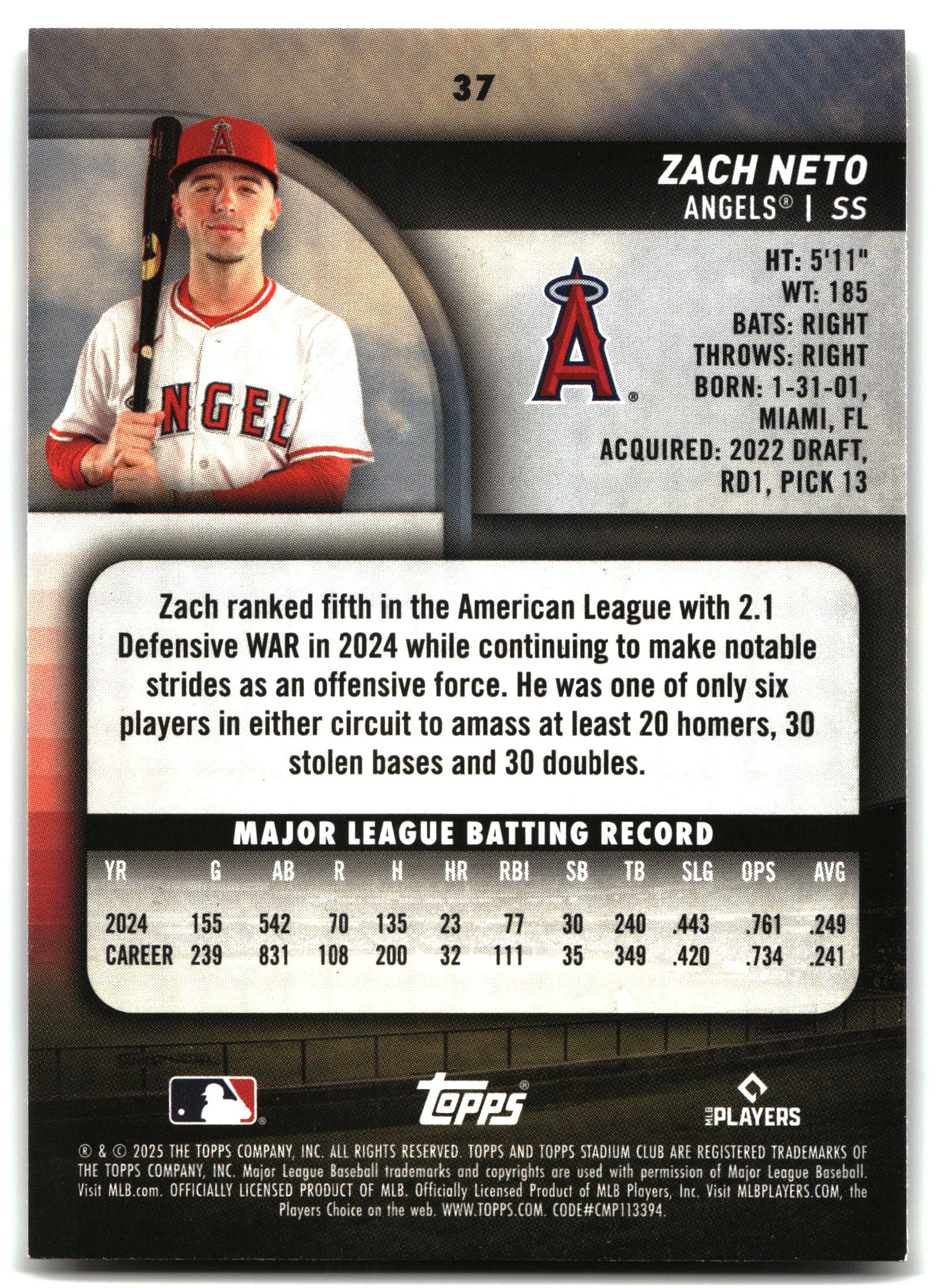 Zach Neto - 2025 Stadium Club - #37 back