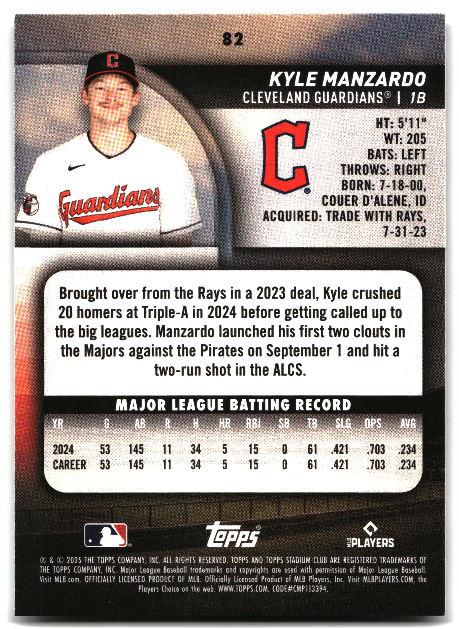 Kyle Manzardo - 2025 Stadium Club - #82 back