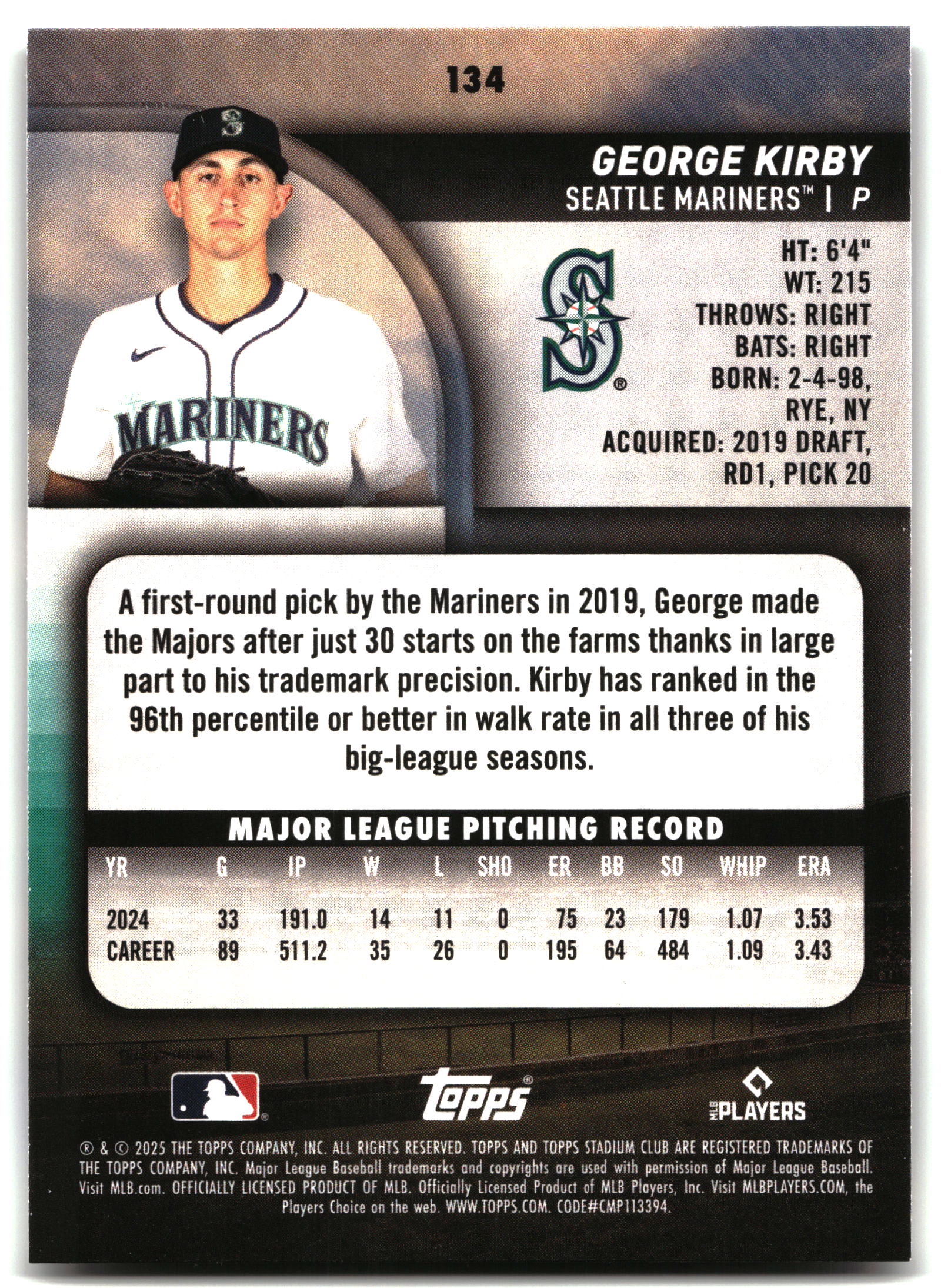 George Kirby - 2025 Stadium Club - #134 back