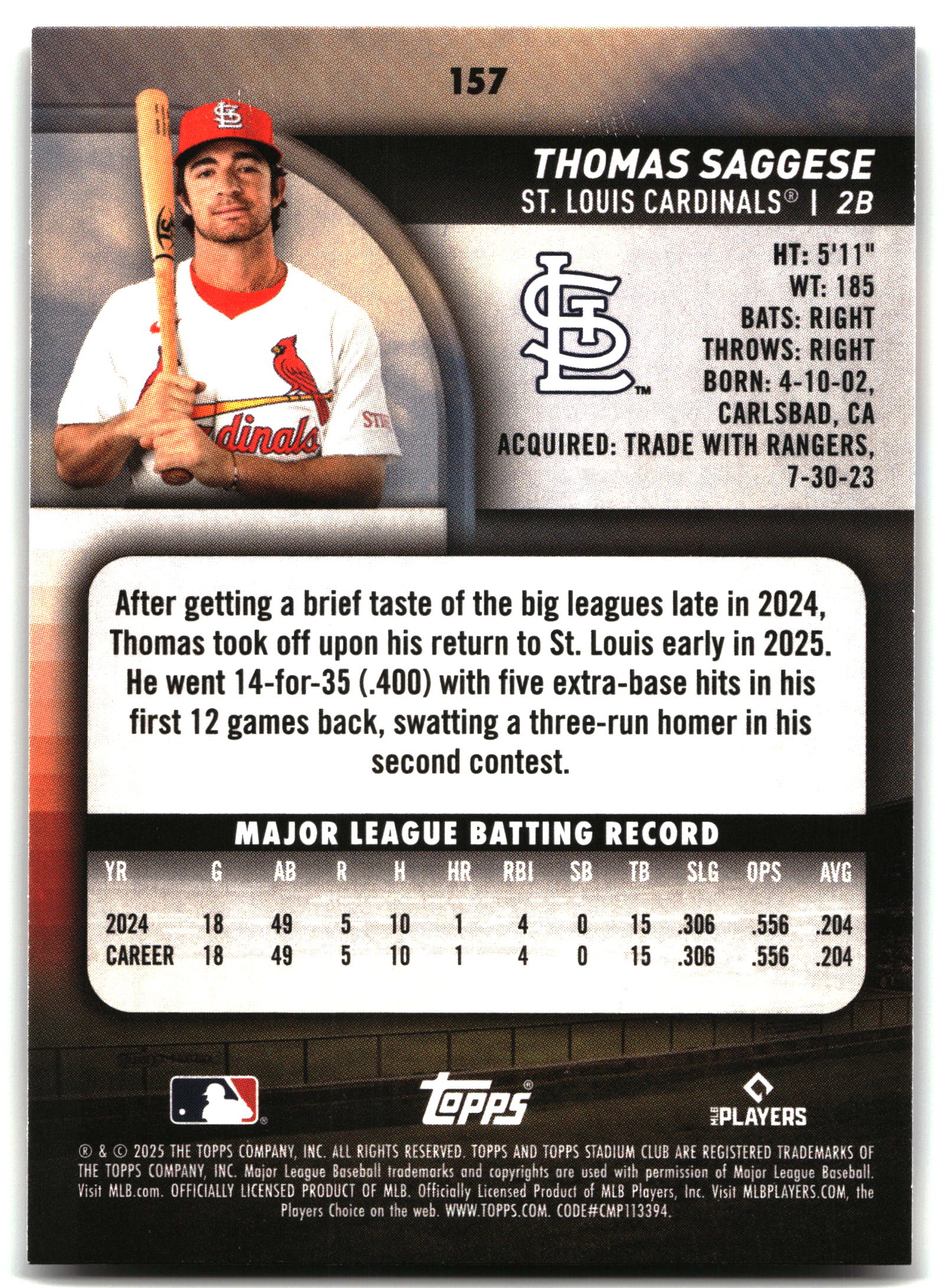 Thomas Saggese - 2025 Stadium Club - #157 back