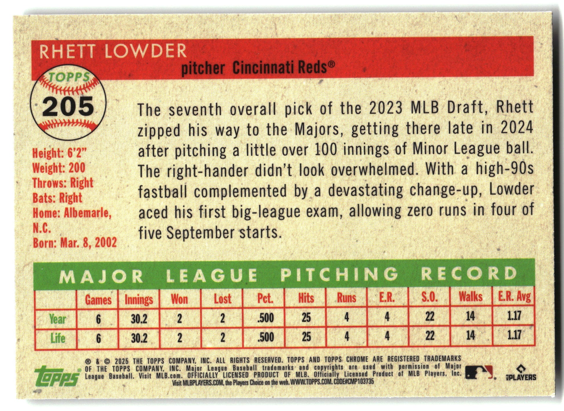 2025 Topps Chrome Platinum #205 Rhett Lowder Prism Refractors back