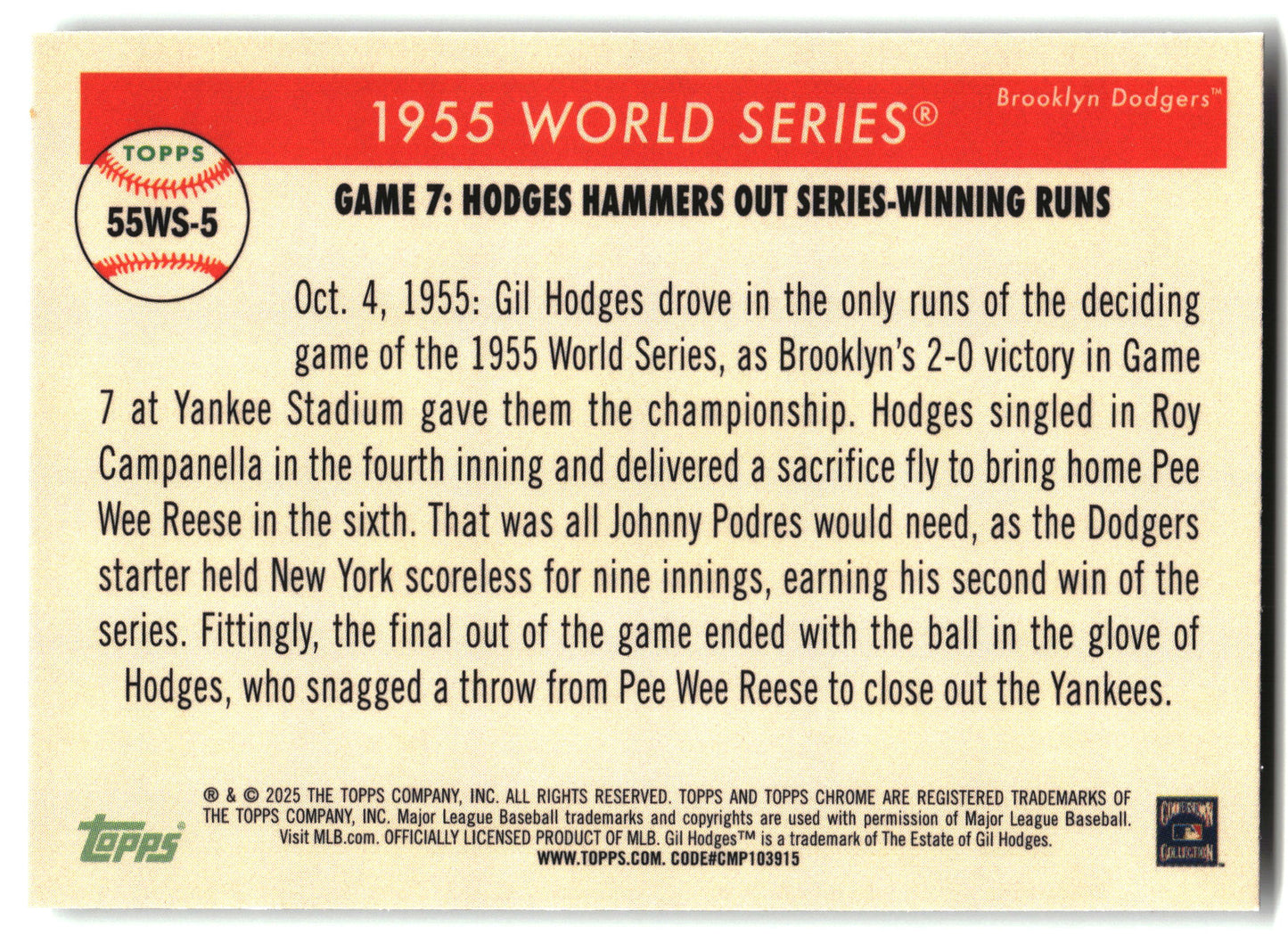2025 Topps Chrome Platinum #55WS-5 Gil Hodges 1955 World Series back