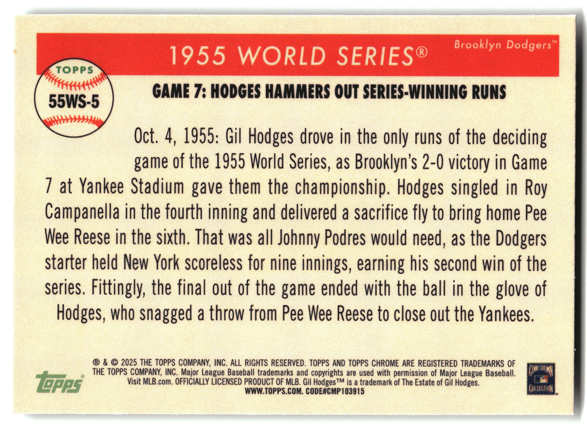 2025 Topps Chrome Platinum #55WS-5 Gil Hodges 1955 World Series back
