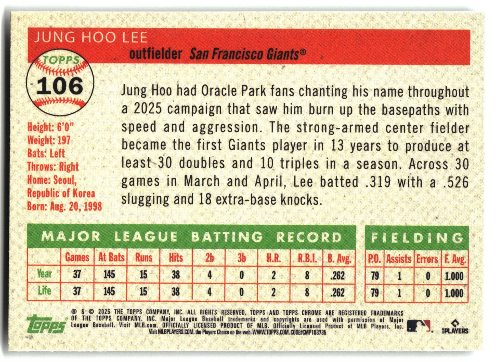 2025 Topps Chrome Platinum #106 Jung Hoo Lee back
