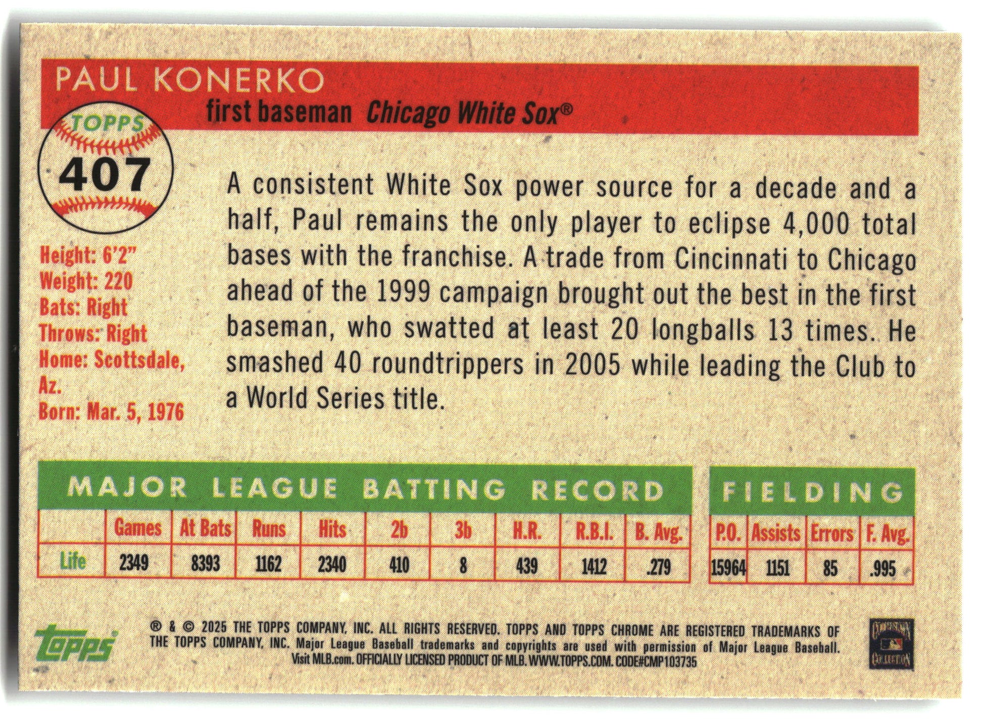 2025 Topps Chrome Platinum #407 Paul Konerko back