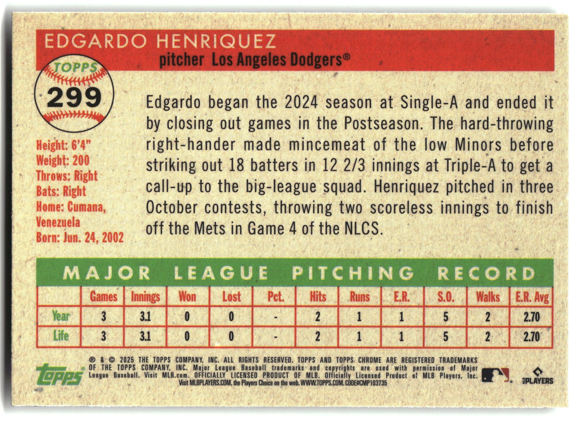 2025 Topps Chrome Platinum #299 Edgardo Henriquez back