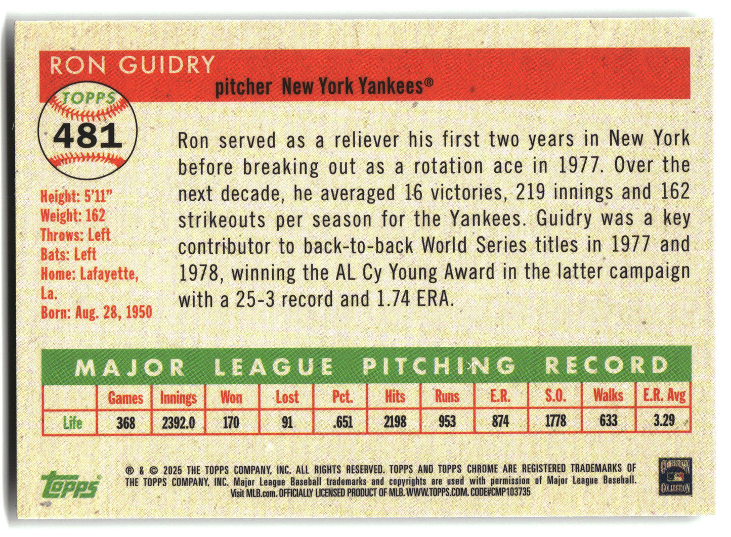 2025 Topps Chrome Platinum #481 Ron Guidry back