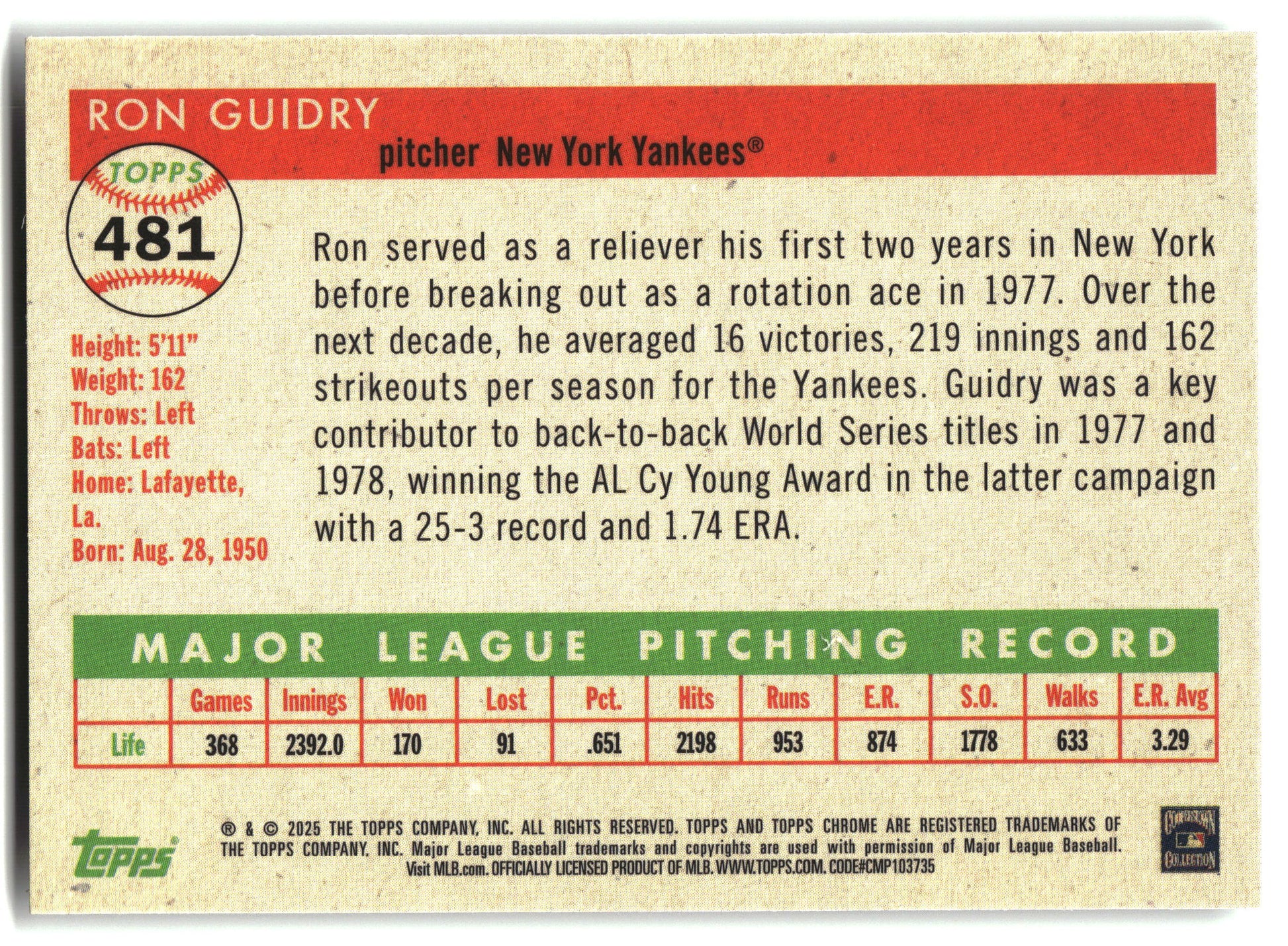 2025 Topps Chrome Platinum #481 Ron Guidry back