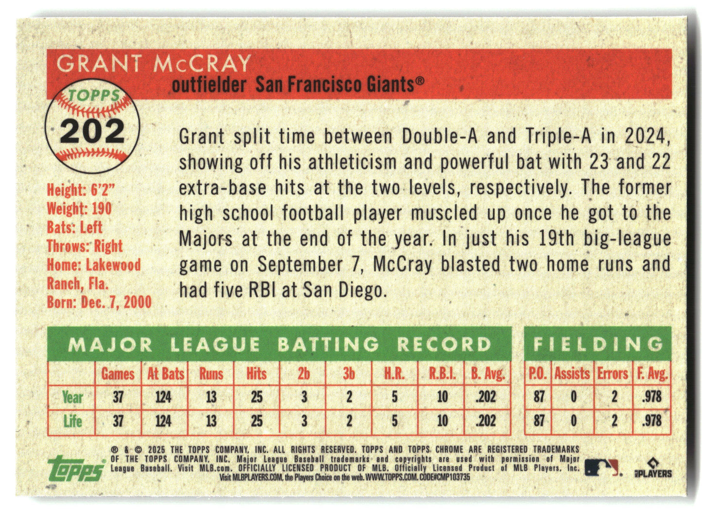 2025 Topps Chrome Platinum #202 Grant McCray back