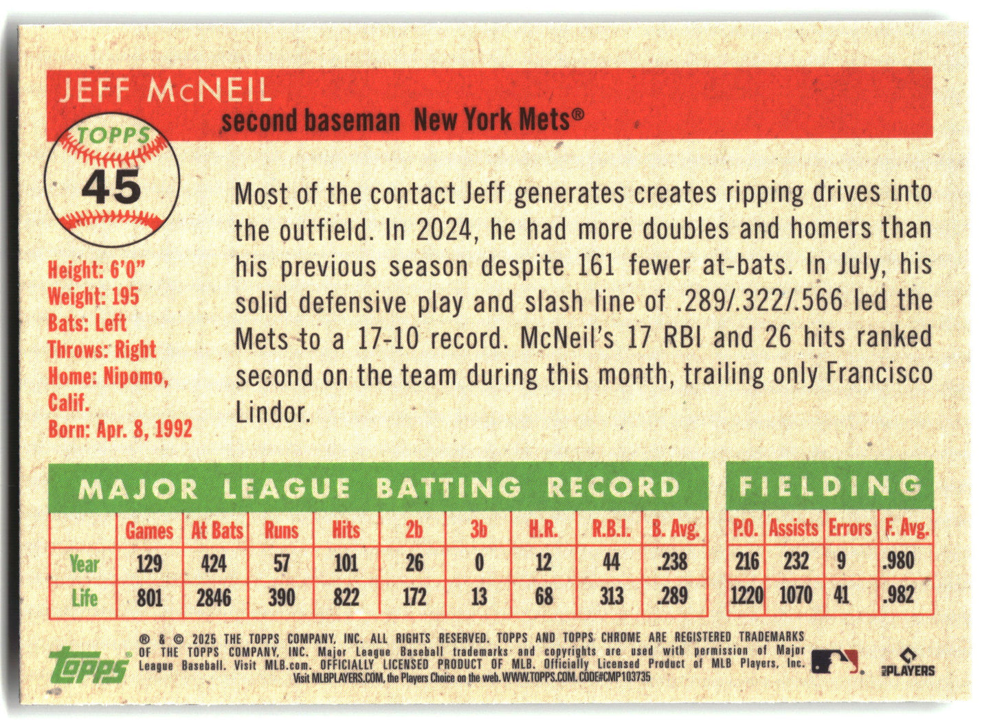 2025 Topps Chrome Platinum #45 Jeff McNeil back