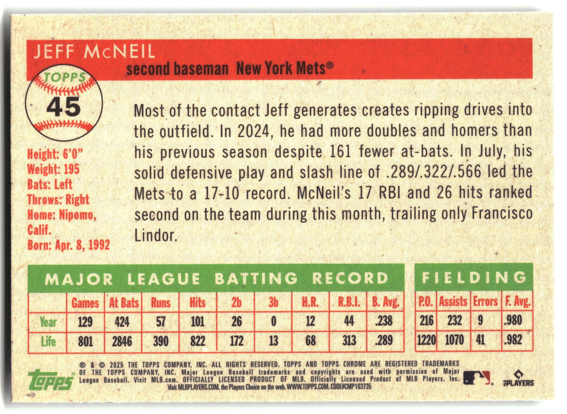 2025 Topps Chrome Platinum #45 Jeff McNeil back
