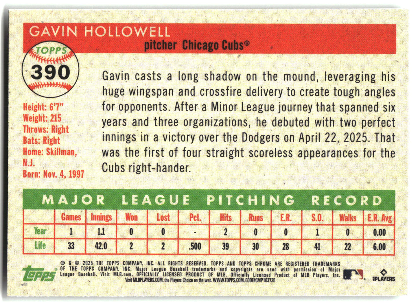 2025 Topps Chrome Platinum #390 Gavin Hollowell back