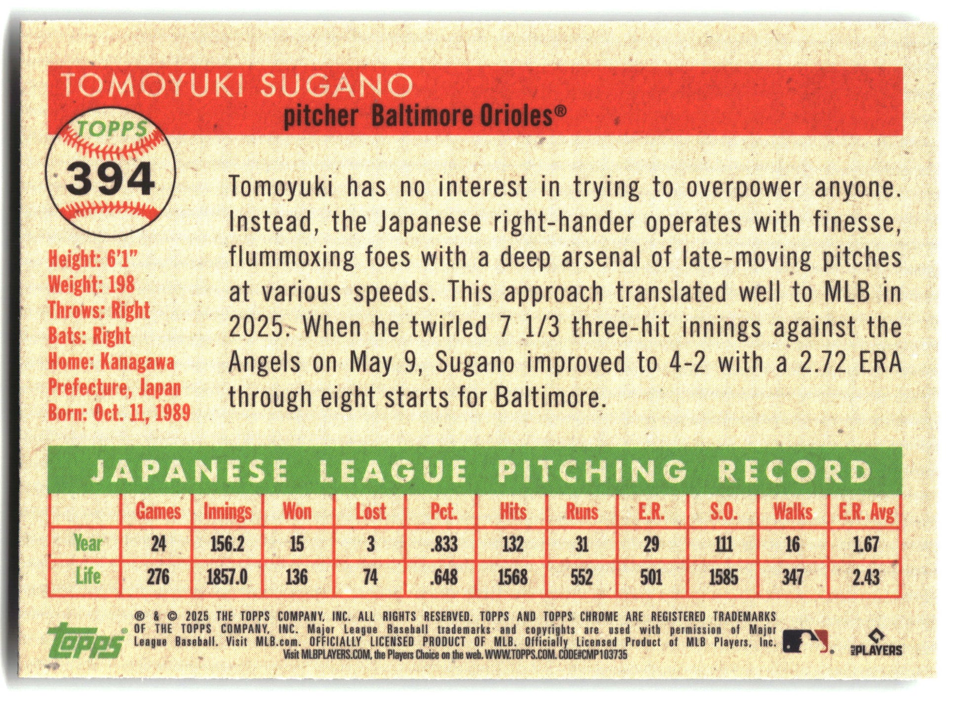 2025 Topps Chrome Platinum #394 Tomoyuki Sugano back