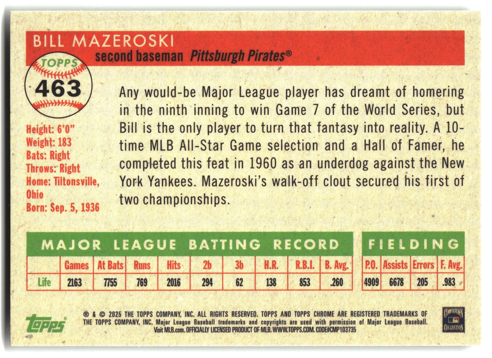 2025 Topps Chrome Platinum #463 Bill Mazeroski back