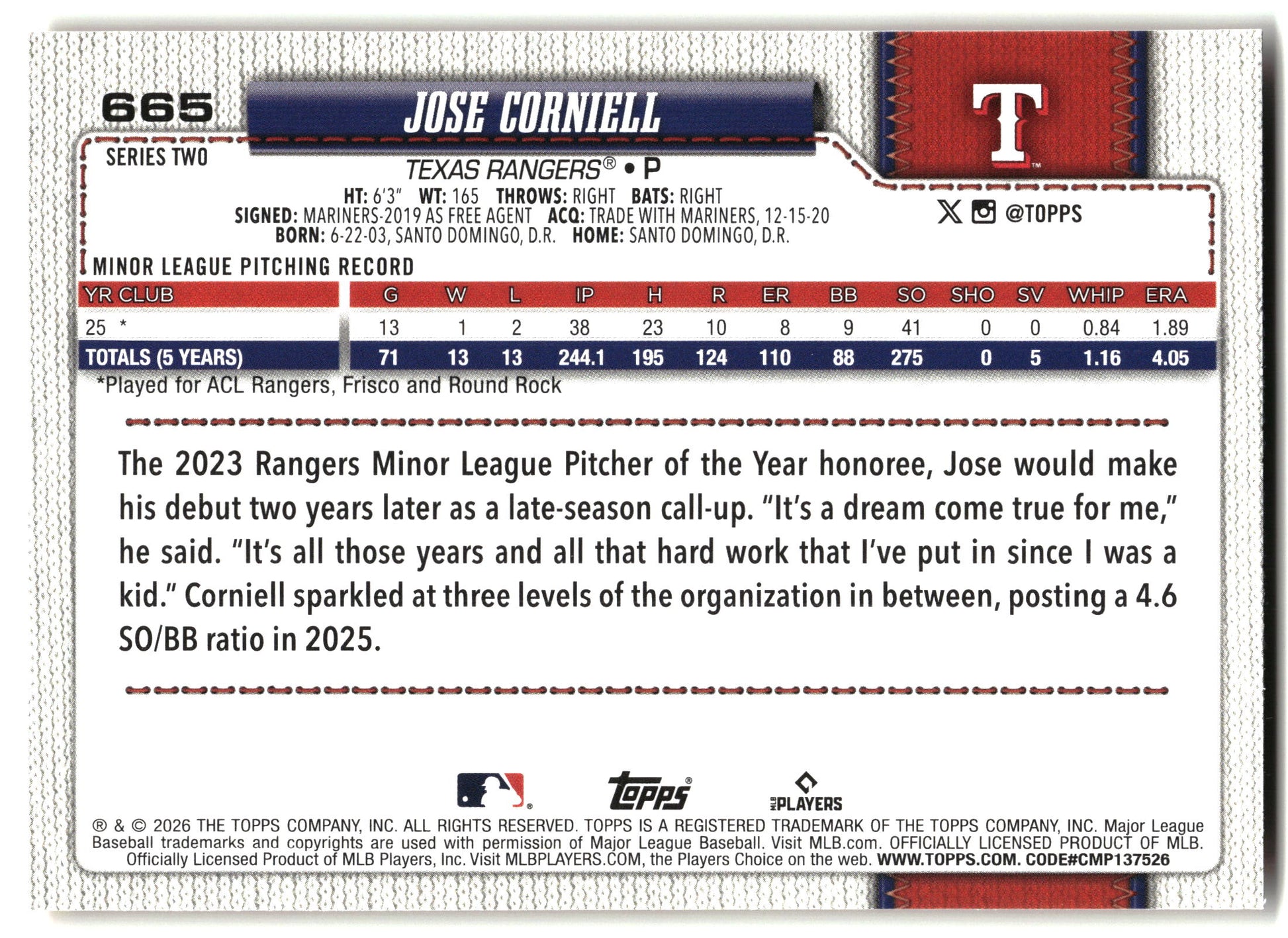 2026 Topps #665 Jose Corniell Holiday back