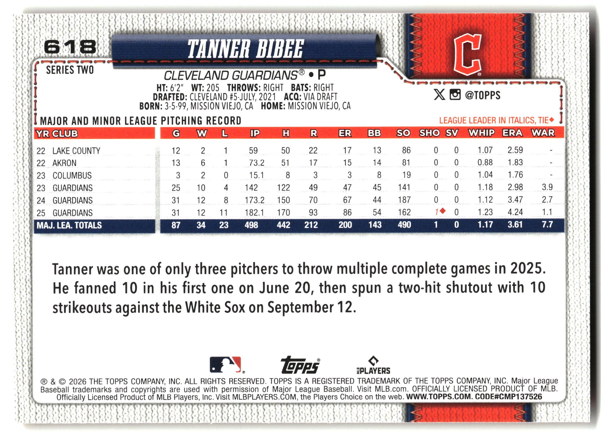 2026 Topps #618 Tanner Bibee Holiday back