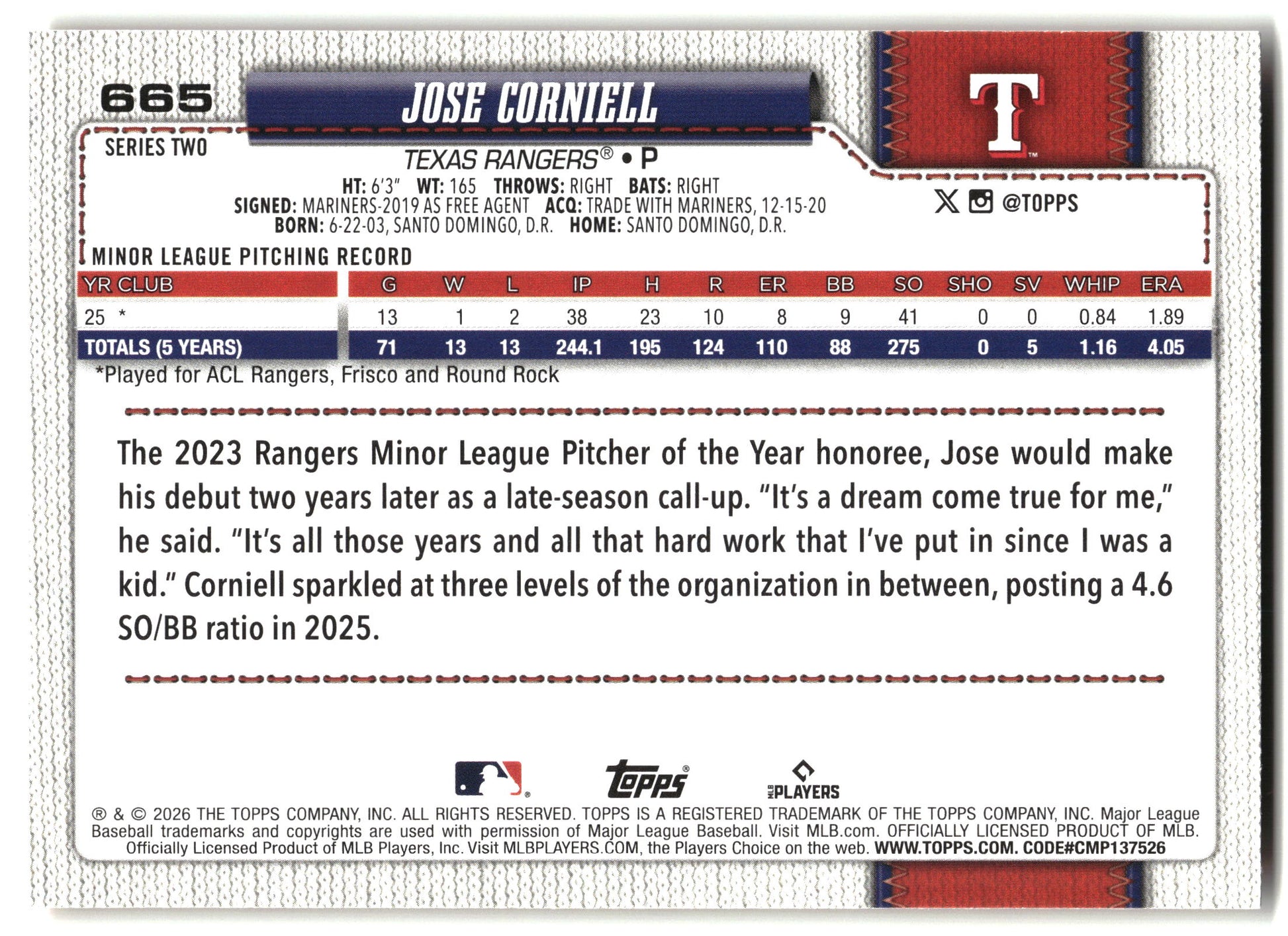 2026 Topps #665 Jose Corniell Holiday back