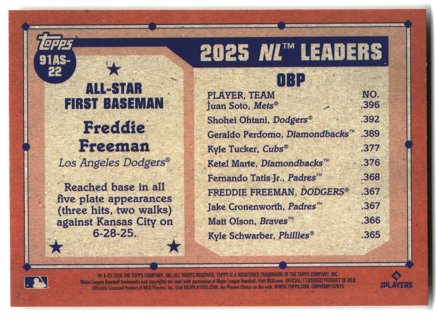 2026 Topps Freddie Freeman 1991 Topps Baseball 35th All-Stars baseball back