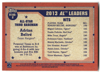 2026 Topps #91AS-2 Adrian Beltré 1991 Topps Baseball 35th Anniversary All-Stars back