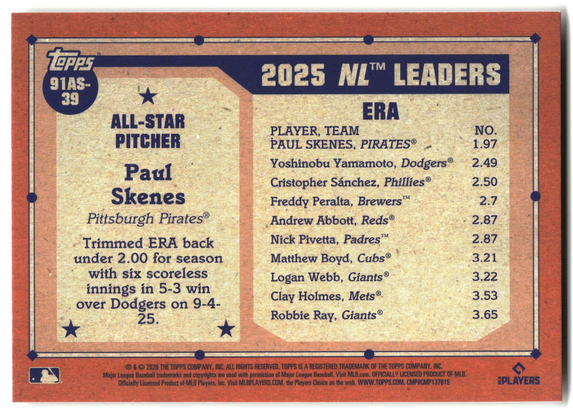 2026 Topps #91AS-39 Paul Skenes 1991 Topps Baseball 35th Anniversary All-Stars back