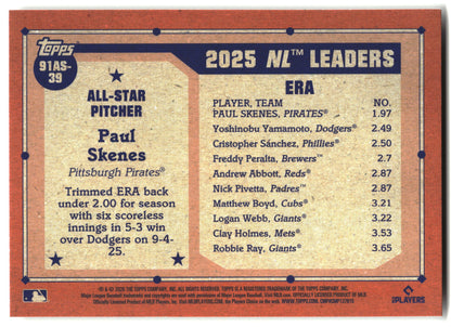 2026 Topps #91AS-39 Paul Skenes 1991 Topps Baseball 35th Anniversary All-Stars back