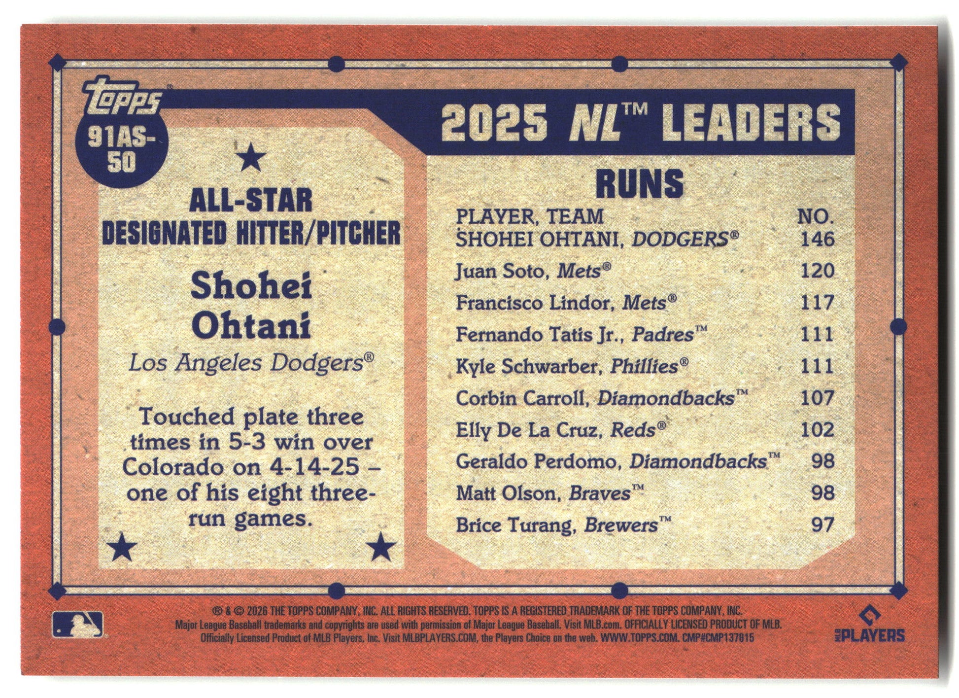 2026 Topps #91AS-50 Shohei Ohtani 1991 Topps Baseball 35th Anniversary All-Stars back