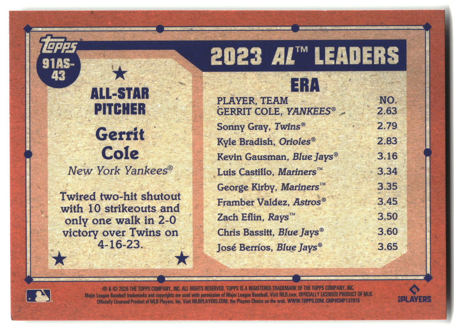 2026 Topps #91AS-43 Gerrit Cole 1991 Topps Baseball 35th Anniversary All-Stars back