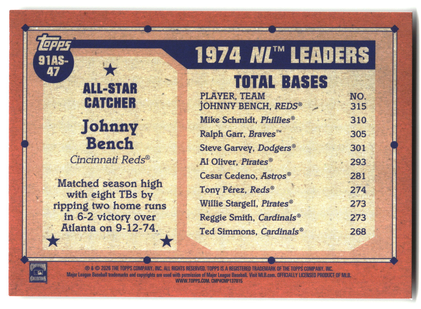 2026 Topps #91AS-47 Johnny Bench 1991 Topps Baseball 35th Anniversary All-Stars back
