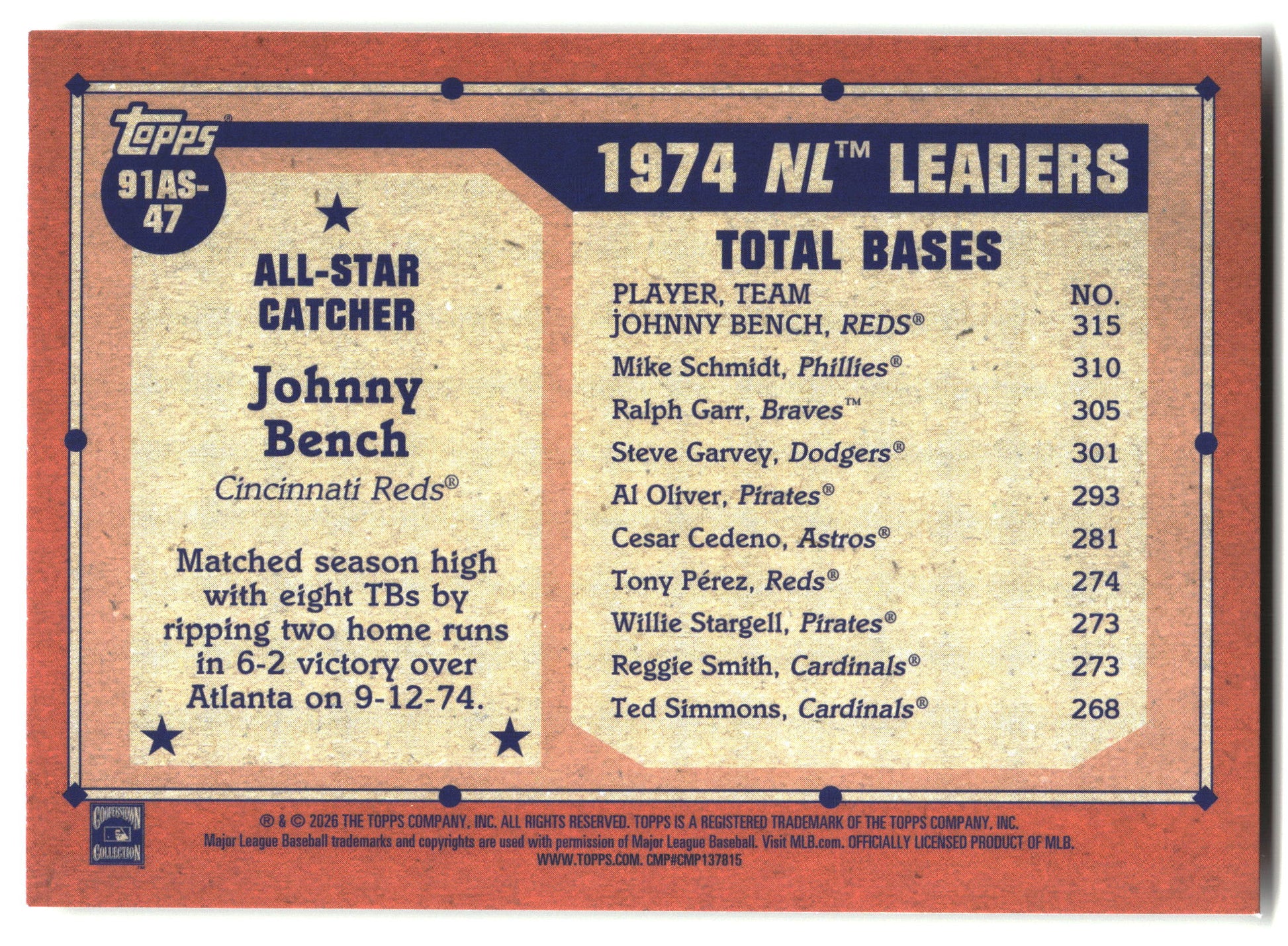 2026 Topps #91AS-47 Johnny Bench 1991 Topps Baseball 35th Anniversary All-Stars back